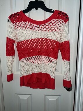 Shasa Red and White Open-Knit Crewneck Sweater